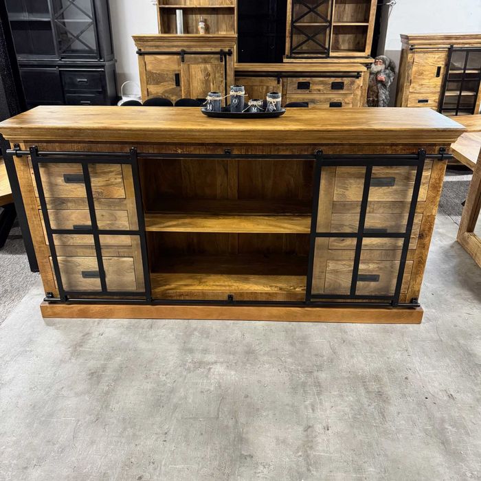 Duża masywna drewniana komoda z szyba/witryna mango 190cm ZAPRASZAM