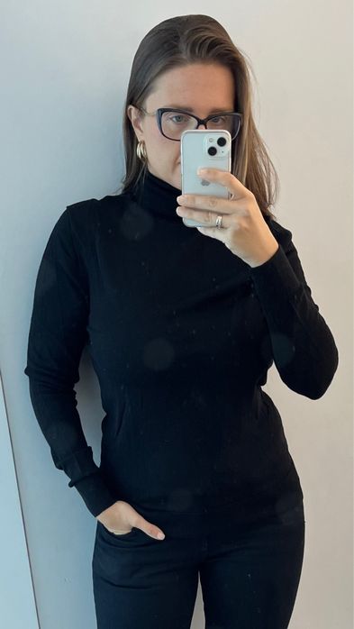 Sweter z golfem golf czarny cienki wełniany 100% wełna S