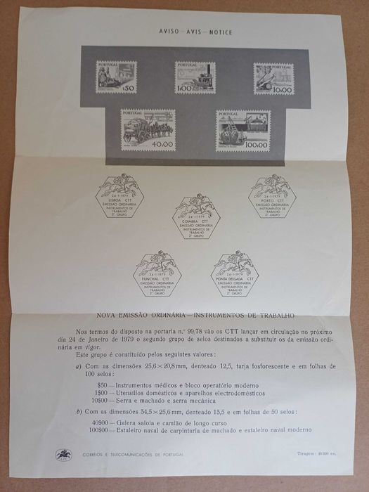 Filatelia - Folha informativa (Pagela) - Instrumentos de trabalho 2º grupo, 1979