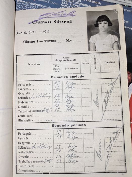 Caderno escolar antigo 1931 com fotos e selos liceu secundária