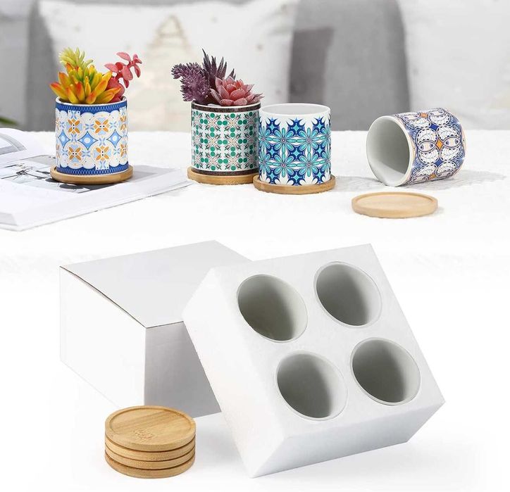 Doniczki ceramiczne na sukulenty, zestaw 4 ozdobnych doniczek