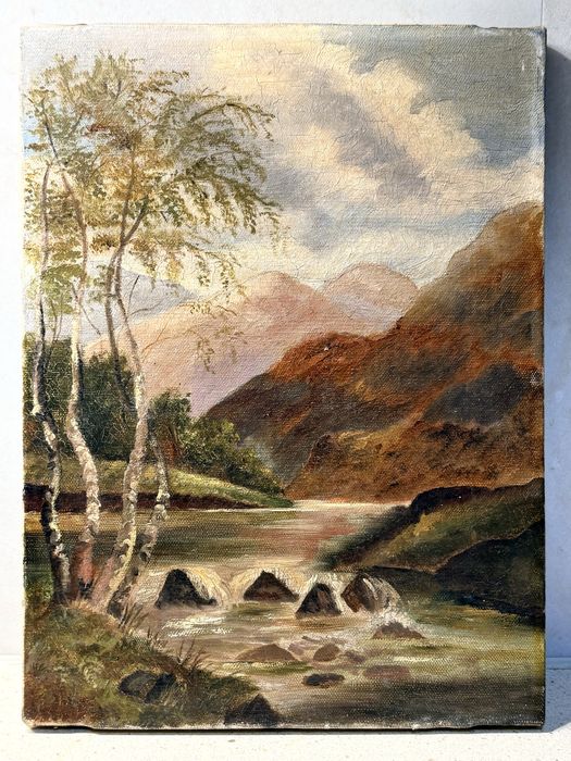 Paisagem fluvial - antiga pintura em óleo sobre tela