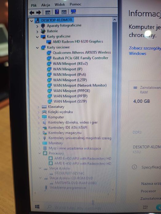 Laptop Asus X53U AMD E-450/4GB/250 GB HDD/ Radeon HD 6320/