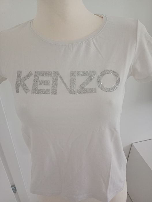 Biały T-shirt srebrny napis Kenzo