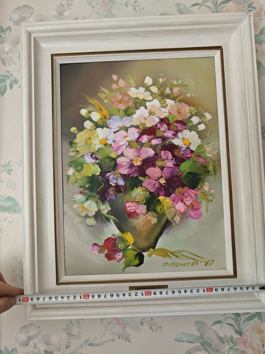 Sygnowany obraz olejny „Bobrowska 1997” – bukiet kwiatów, duży format 60x50 cm