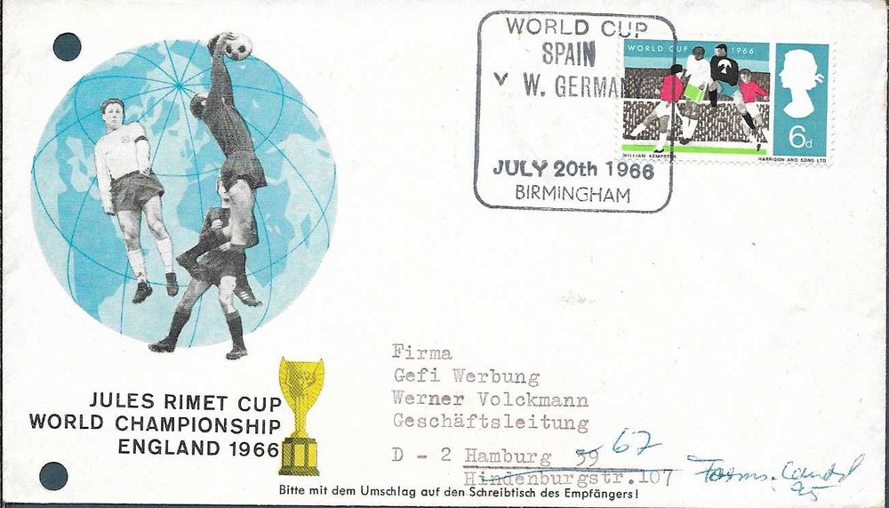Futebol - Campeonato do Mundo 1966 - Espanha - Alemanha - Envelope comemorativo