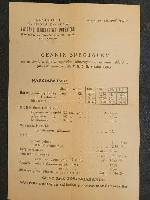 ZHP Centralna Komisja Dostaw - Cennik Specjalny (sporty zimowe) 1927r