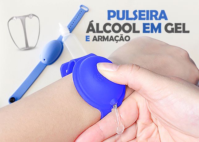 Pulseira alcool em gel, com frasco e armacao para mascaras