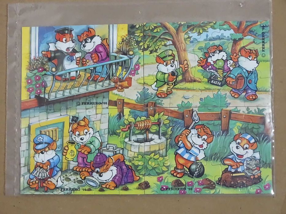Stare puzzle Kinder Ferrero 1998 – Fancy Fuxies / Sprytne Liski (Komplet 4 szt. + Ulotki) RETRO