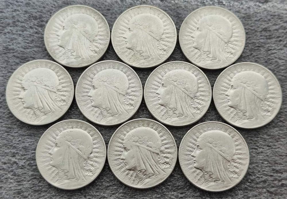 5 злотих 1933 року. 10 штук. Срібло. Один лот. Відміна якість" Полонія