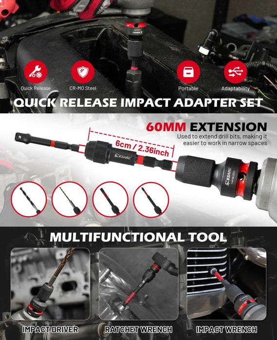 Zestaw adapterów udarowych EZARC 1/4", 3/8", 1/2" z szybką wymianą