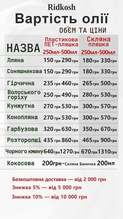 Гарбузова олія сиродавлена Ridkosh - Extra Virgin, 250 мл (віджата на гідравлічному пресі в капролонових бочках)