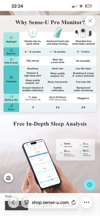 Monitor de bebé / SENSE-U / Sensor respiracao, freq card, posicao