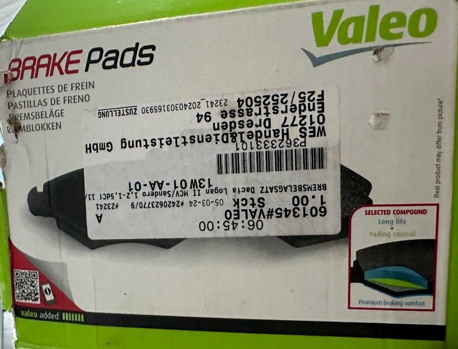 Новые передние колодки VALEO 601345 для  Renault