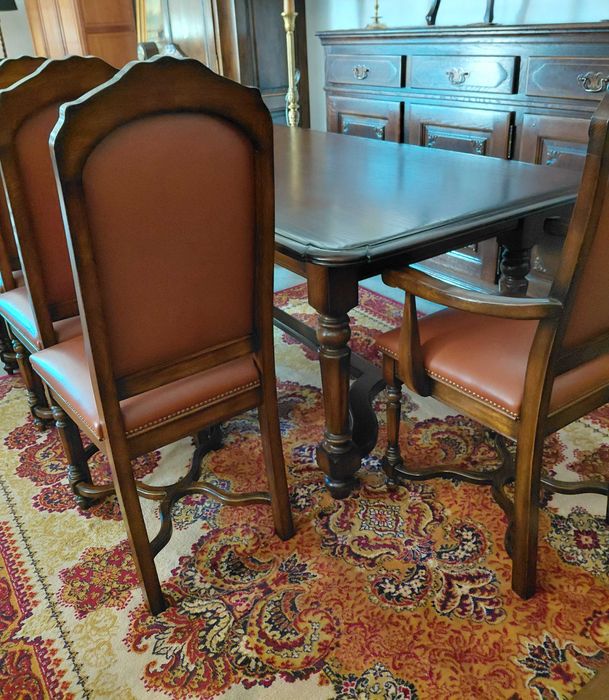 Elegancki dębowy komplet stół + 6 krzeseł skórzana tapicerka