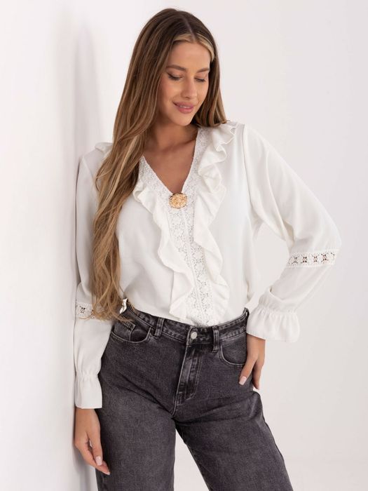 Ecru wizytowa bluzka damska z koronką dekolt V ITALY MODA