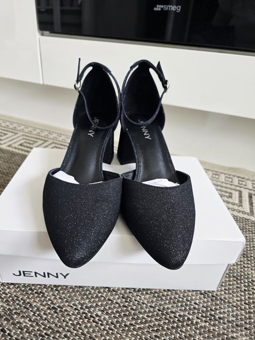 Czarne brokatowe czółenka na słupku Jenny 40