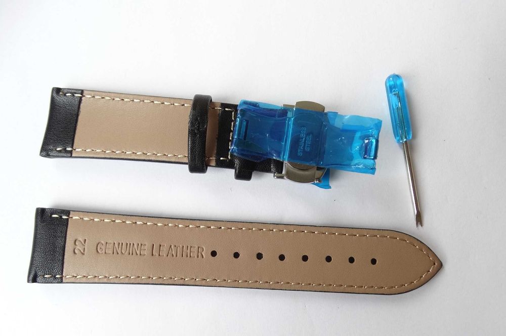 Pasek skórzany do zegarka 20mm 22mm klamra motylkowa srebrna czarny