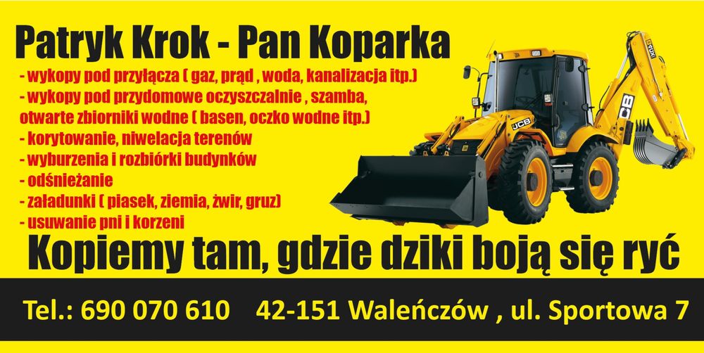 Prace ziemne/Wykopy/Usługi Koparko-ładowarką/Szambo/Wyburzenia