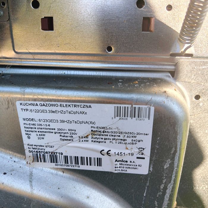 Części do kuchenki gazowo elektrycznej amica