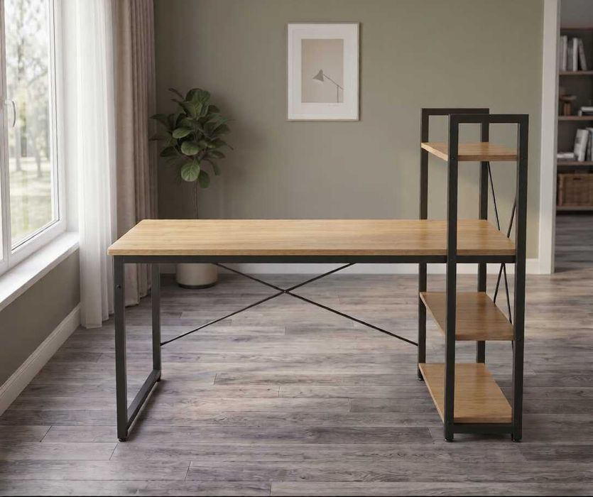 NOWE Biurko Gamingowe Komputerowe Loft 120x60 z Regałem Półkami Industrialne Gaming Do Nauki Pracy MDF Metal Jasne Drewno