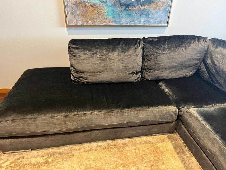 Sofá em Veludo Cinzento com Chaise Longue - Muito Bom Estado
