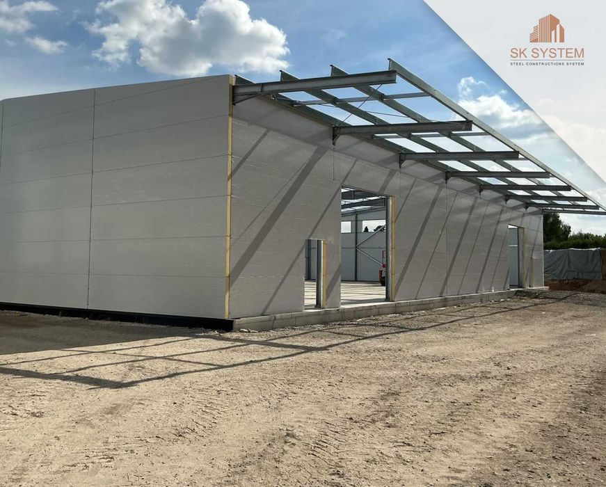Hala 735 m2 stalowa magazyn warsztat płyta konstrukcja produkcja montaż SK SYSTEM