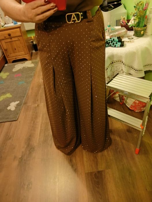 Spodnie damskie brąz uniwersalne,błyszczace  nowe eleganckie