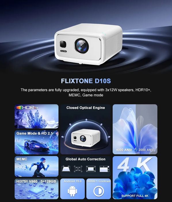 Проєктор 4K Flixtone D10S 4000 ANSI Android Smart TV WiFi 6 Bluetooth