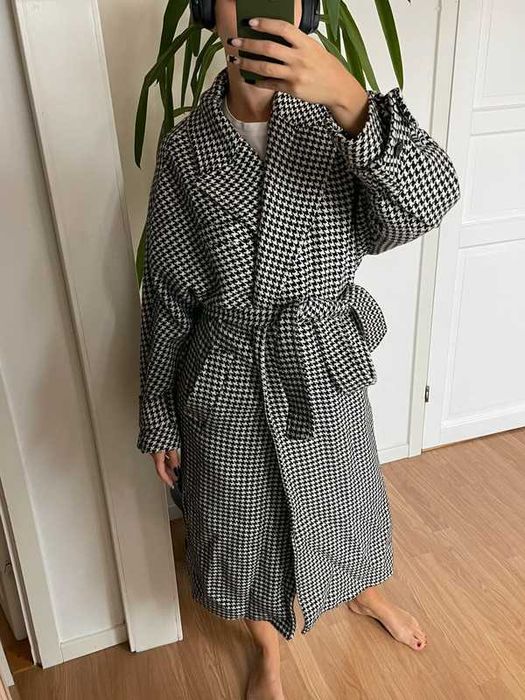 Płaszcz Zara wełna wełniany pepitka wiązany z paskiem rozm M