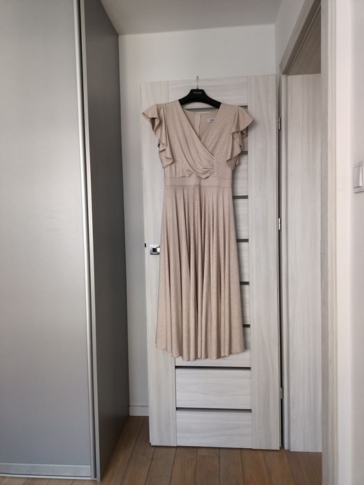 Sukienka maxi beżowa złoty brokat