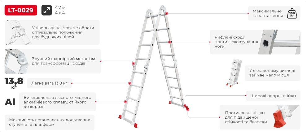 Драбина алюмінієва трансформер 4x4 лестница 4.7м алюминиевая до 150кг