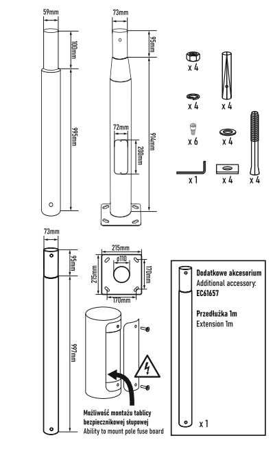 Słup oświetleniowy składany fi 60mm 3m czarny. Kamery Lampy led