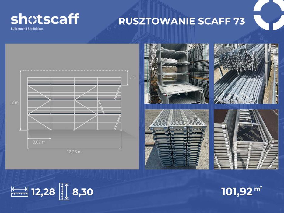 Rusztowanie elewacyjne stalowe typ Baumann Nowe 8,3x12,28=100 m2 kompletne, podest stalowy 3,07 m