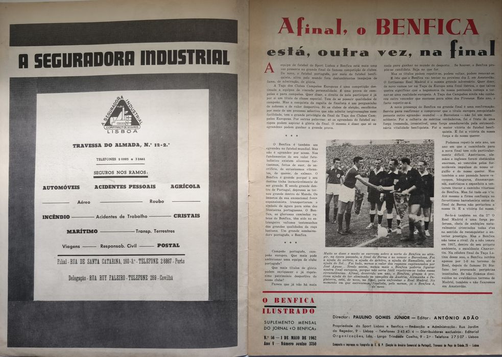 Revista "O Benfica ilustrado" N°56 de 1 de Maio de 1962