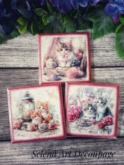 Podstawki pod kubki Magiczne Kotki vintage farmhouse shabby decoupage
