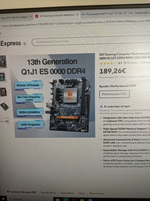Conjunto CPU, Motherboard e RAM Intel i5 13