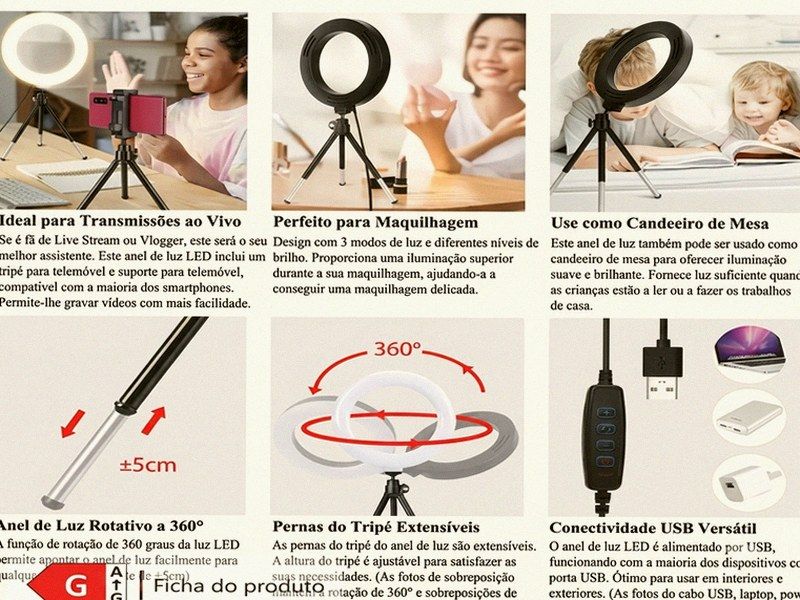 Ring Light Rotativa 360° com Tripé — Streaming, Maquilhagem e Videochamadas