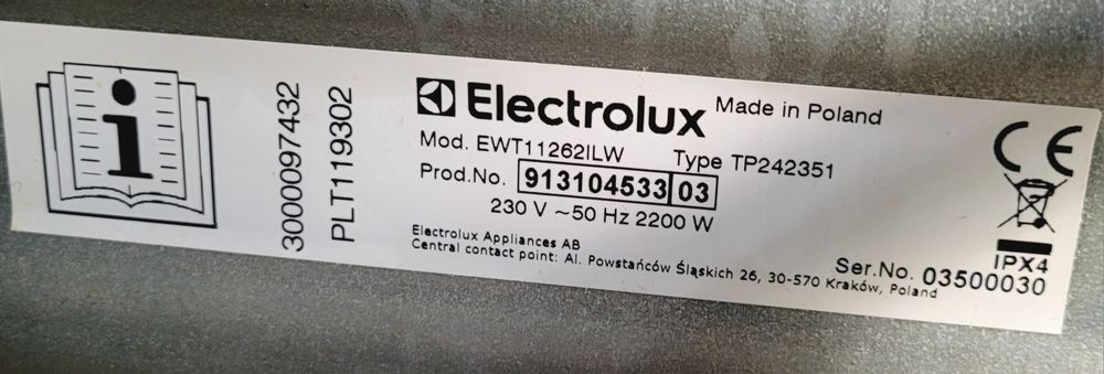 Częsci do pralki Electrolux EWT11262ILW