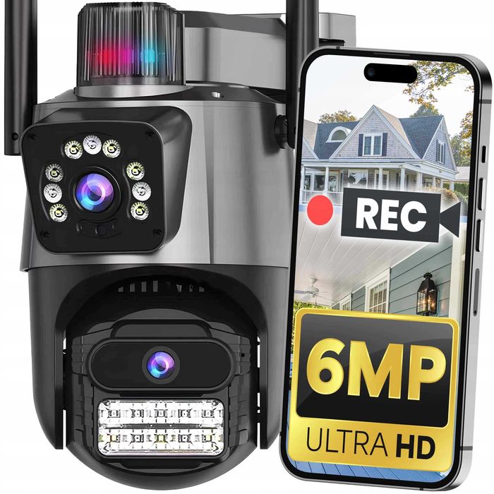 Podwójna kamera obrotowa WiFi Detekcja Audio Zewnętrzna IP UHD 6MPx