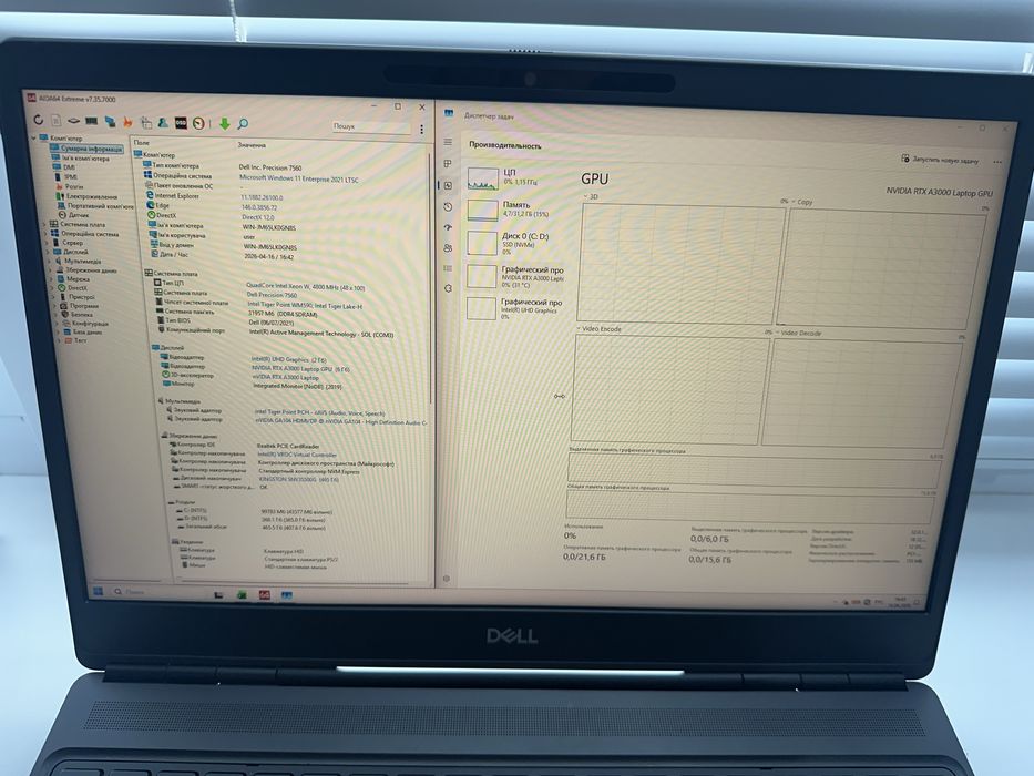Dell Precision 7560/W-11855M/(RTX 3060)RTX A3000 6GB/32GB RAM /NVME 256