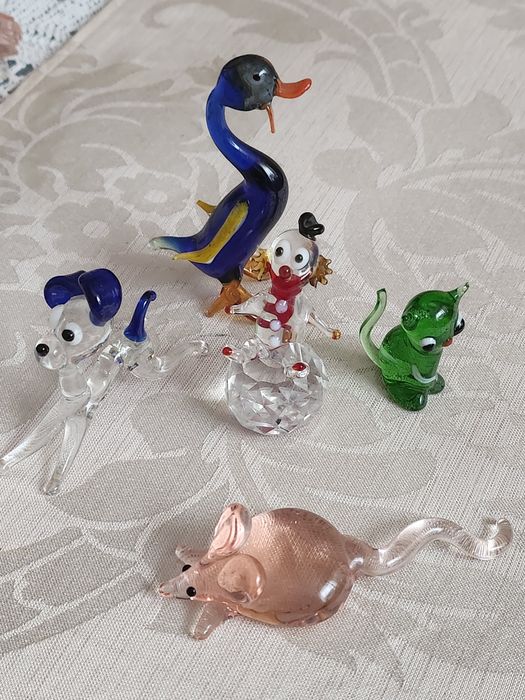 Figurki szklane 5 szt .pies,  klaun,mysz, kaczka, kot w stylu Murano.