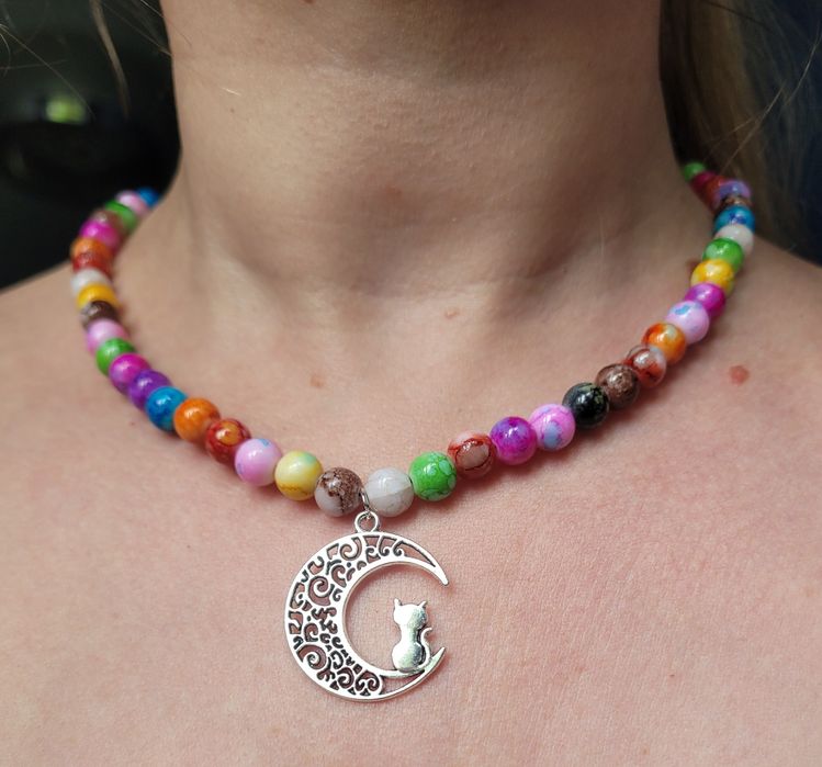 Piękny tęczowy kolorowy naszyjnik kot księżyc koraliki cat moon FashionsDose handmade