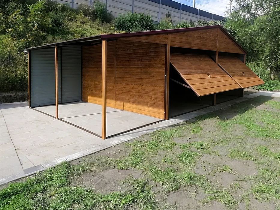 Garaż dwustanowiskowy 6x5 m wiata 1 m - Dach dwuspadowy, Brama uchylna