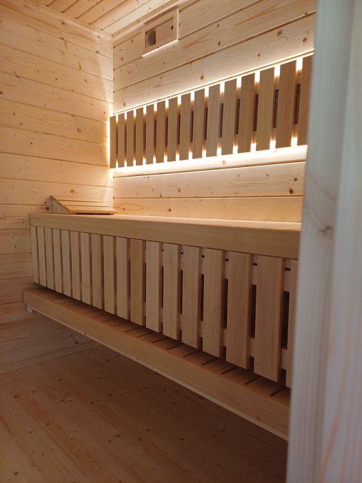 Sauna 230 x 230 cm duża witryna piec harvia wall kamienie