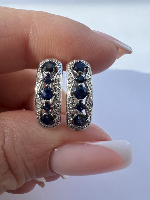 Золотые серьги с  бриллиантами и сапфирами белое золото 585 проба