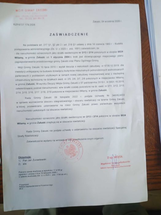 Działka z wydanymi warunkami zabudowy - Wilamy powiat płoński, gmina Załuski - 2 x 1500m2