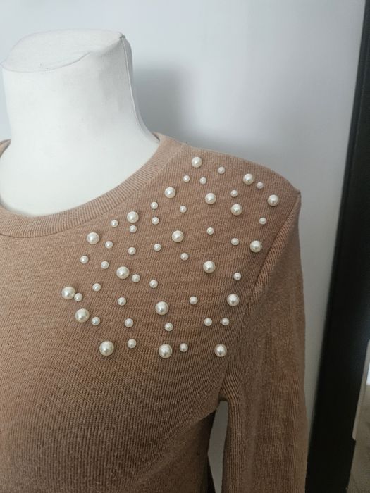 Sweter brąz perełki zara s