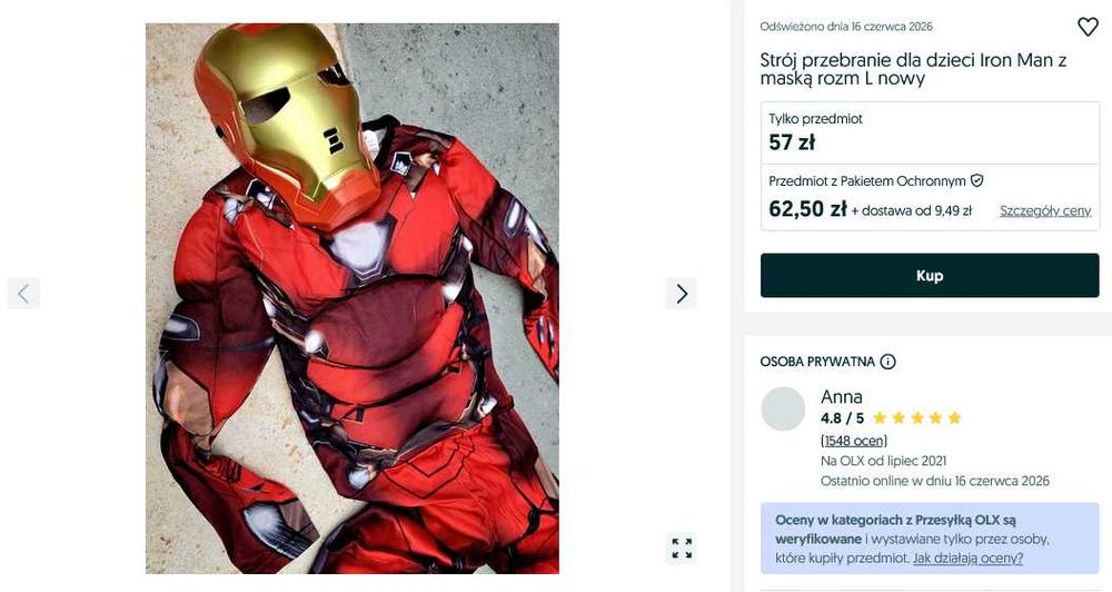 Zestaw Strój Hulk roz. M , iron man roz.L nowe