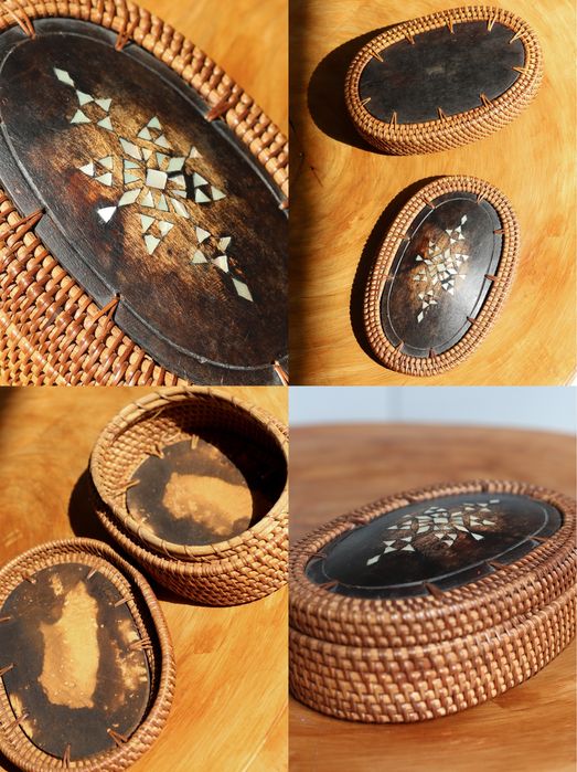 Vintage koszyk szkatułka z trzciny handmade Indonezja lata 70 drewniany pojemnik z muszelkami